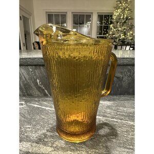 Jeannette Amber Glass Pitcher  Vintage 1970's Tree Bark 9"